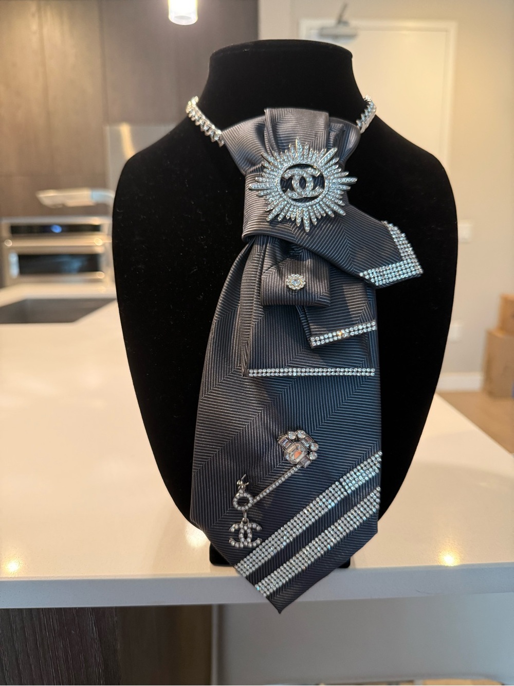 Statement Gray and Silver TIE NECKLACE with Rhinestone Brooch, Pin and Trim - Picture 6 of 8